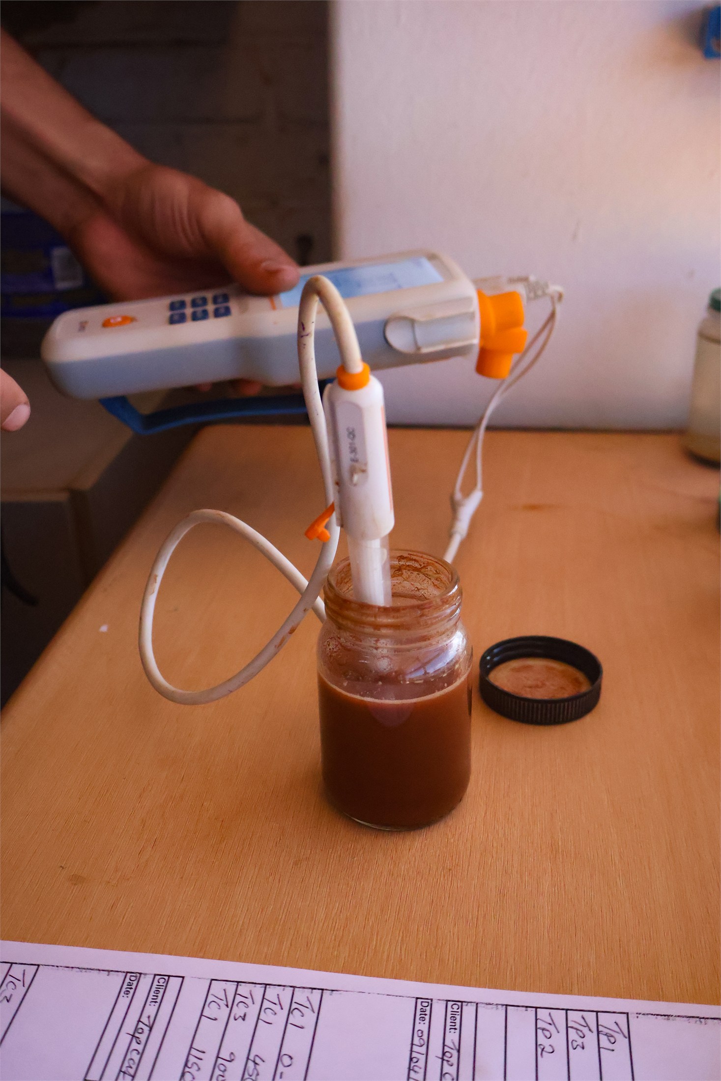 Laboratory instrument probe measuring a soil or slurry sample